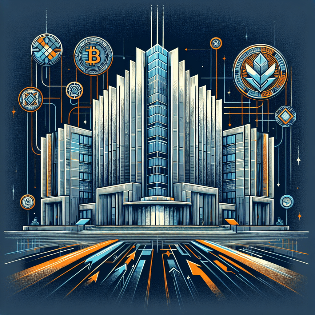 Certainly! Here’s an SEO-optimized alt-text for your described image: **Alt-text:** Modern digital illustration sized 1200x628 pixels depicting a stylized U.S. federal building seamlessly blended with blockchain digital network lines and floating cryptocurrency coins, symbolizing federal regulatory oversight and secure digital asset custody. The composition features the Crypto.com logo and OCC (Office of the Comptroller of the Currency) emblem prominently, with dynamic upward arrows and pathways suggesting forward movement and innovation. The color palette is dominated by bright orange (#FF9811), deep dark blue (#000D43), and midnight blue (#021B88), capturing themes of security, innovation, and federal integration in the digital assets and cryptocurrency industry.