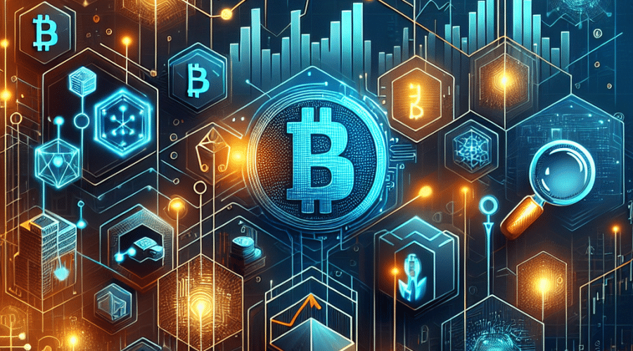 **Great SEO alt-text:** Modern 1200 x 628 pixel illustration featuring blockchain technology and financial charts with digital assets morphing into real-world symbols like real estate, bonds, and stocks. The image showcases glowing network connections, distinctive blockchain motifs, and upward market trends amid a turbulent background. Subtle AI icons, including circuit lines and a magnifying glass for analytics, are present. Abstract representations and merged logos of Avalanche, Solana, and Ethereum serve as foundational design elements. The visual uses a sleek color palette of Orange (#FF9811), Dark Blue (#000D43), and Midnight Blue (#021B88), embodying innovation and utility in the crypto and financial sector, ideal for blockchain and fintech branding.
