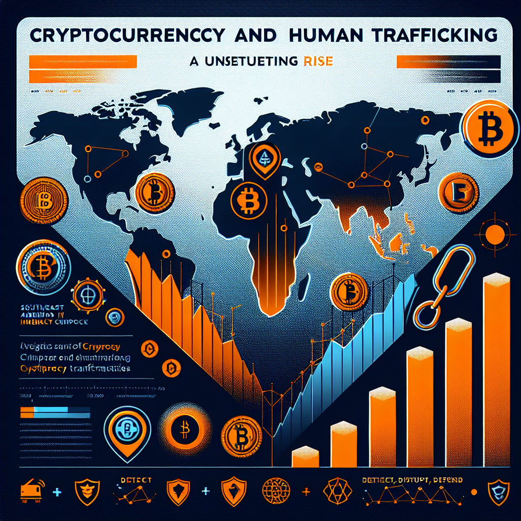 "SEO-friendly digital graphic showcasing rising human trafficking trends linked to cryptocurrency payments with world map highlighting Southeast Asia, Americas, Europe, and Australia subtly. Visualization includes increasing bar graphs, dark web & privacy coin symbols including anonymous masks, Bitcoin & Monero. Law enforcement symbols suggest ongoing investigations. Primary colors are Dark Blue, Orange, and Midnight blue. Bold white text alarms 'Cryptocurrency and Human Trafficking - An Unsettling Rise' alongside subheading 'Detect, Disrupt, Defend'. Compact design optimized to a resolution of 1200 x 628 pixels."