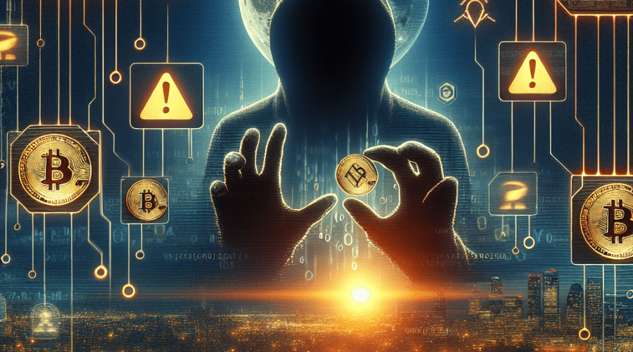 **SEO-Optimized Alt Text:** "Illustration of a dark digital landscape symbolizing record-breaking cryptocurrency thefts in January 2026, featuring shadowy hands reaching for glowing crypto coins and digital wallets. The scene is filled with warning icons, phishing emails, and lines of code, emphasizing cybercrime, phishing, and social engineering risks. The modern, urgent design uses brand colors orange #FF9811, dark blue #000D43, and midnight blue #021B88 to highlight technological vulnerability and human risk in crypto security."