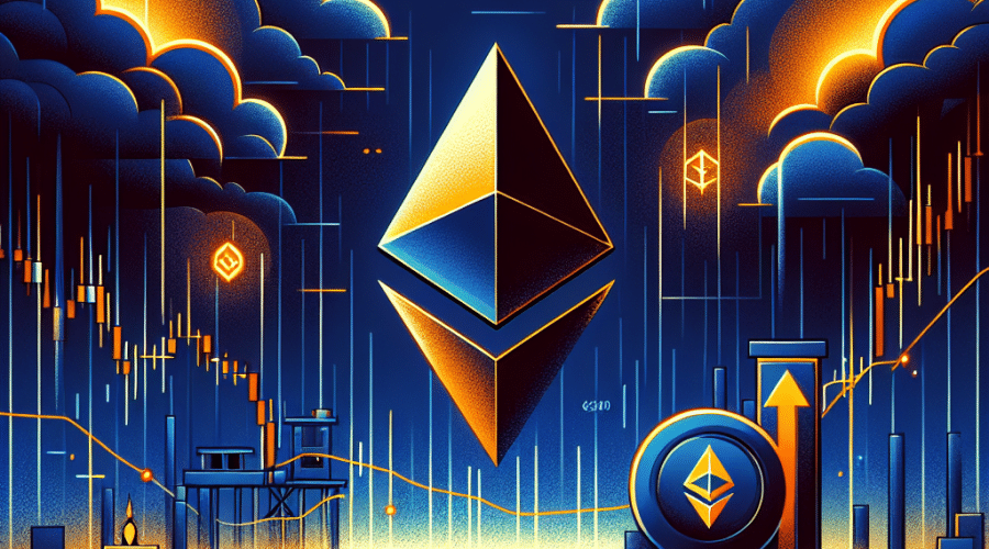 **SEO-focused alt-text for your image:** "Digital illustration depicting Ethereum price volatility, showing a stylized Ethereum logo partially sinking below a prominent ,000 marker. The dramatic scene features fluctuating financial charts, digital storm clouds, and a shadowy institutional vault in the background. The artwork uses Ethereum brand colors—bright orange (#FF9811) for warning highlights and deep dark blue (#000D43) with midnight blue (#021B88) for background shading—conveying urgency and market tension. Ideal for finance and cryptocurrency blog content on Ethereum price decline and institutional impact."