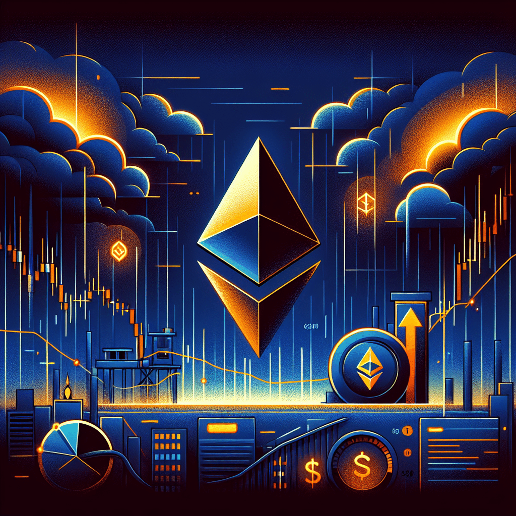 **SEO-focused alt-text for your image:** "Digital illustration depicting Ethereum price volatility, showing a stylized Ethereum logo partially sinking below a prominent $2,000 marker. The dramatic scene features fluctuating financial charts, digital storm clouds, and a shadowy institutional vault in the background. The artwork uses Ethereum brand colors—bright orange (#FF9811) for warning highlights and deep dark blue (#000D43) with midnight blue (#021B88) for background shading—conveying urgency and market tension. Ideal for finance and cryptocurrency blog content on Ethereum price decline and institutional impact."