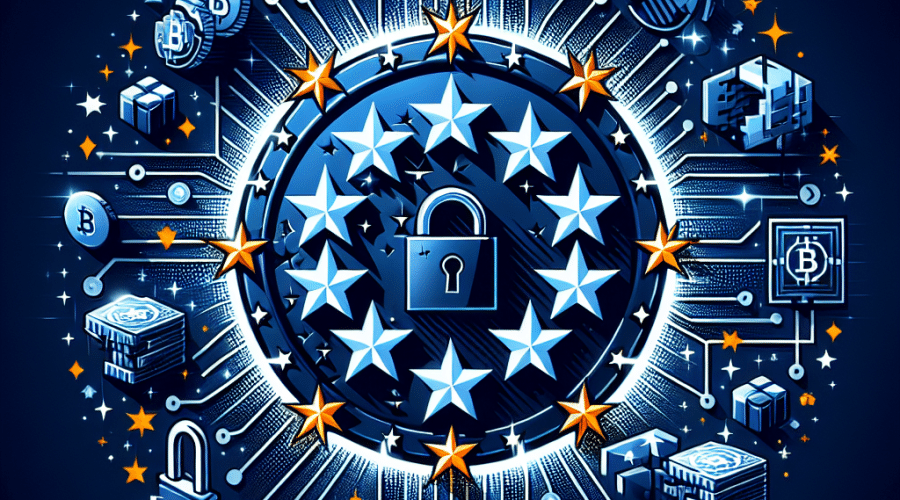 **SEO Alt-Text:** Digital illustration depicting the European Union’s crackdown on Russian cryptocurrency channels and sanctions evasion, featuring a stylized EU flag with glowing stars encircling a secure digital lock. The background displays blockchain symbols and broken Bitcoin and digital ruble coins, with shadowy network cables and shattered Russian icons fading into dark blue (#000D43) and midnight blue (#021B88) gradients. Bold orange (#FF9811) accents highlight key elements, conveying high-tech security, regulatory restriction, and decisive EU enforcement against crypto-based sanctions evasion.