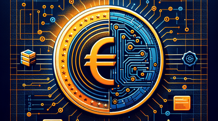 **SEO alt-text:** Modern digital illustration showing the evolution of digital money in Europe with a glowing stylized euro coin featuring blockchain-inspired circuit lines; surrounded by transparent security grids, abstract icons for AI, code, and smart contracts, and using vibrant orange, dark blue, and midnight blue brand colors, ideal as a hero image for a fintech blog about programmable money and innovation.