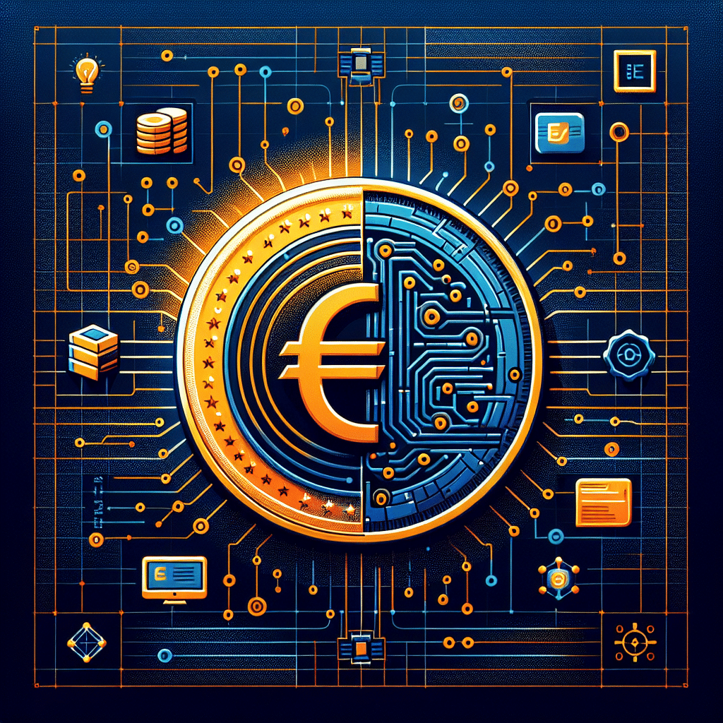 **SEO alt-text:** Modern digital illustration showing the evolution of digital money in Europe with a glowing stylized euro coin featuring blockchain-inspired circuit lines; surrounded by transparent security grids, abstract icons for AI, code, and smart contracts, and using vibrant orange, dark blue, and midnight blue brand colors, ideal as a hero image for a fintech blog about programmable money and innovation.