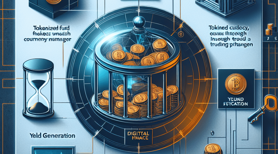 "Asset management giant, Franklin Templeton collaborates with Binance, represented under brand colours of Orange, Dark Blue, and Midnight Blue. The 1200x628 pixel image shows tokenized fund shares being issued through Franklin Templeton’s exclusive Benji Technology Platform used as collateral implying strong security. Blockchain technology symbols and a secure vault signify the regulated custody in the image. The mirror symbol reflects the inherent value inside Binance's robust trading system. The concept of yield generation is additionally incorporated, promoting the significant transformation in the realm of digital finance."