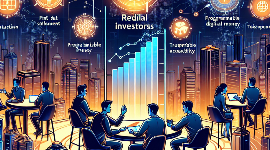"Retail investors interacting with tokenized funds on a digital platform seen in vibrant orange, dark and midnight blue hues, set against the dynamic Hong Kong and Chinese mainland backdrop. Image highlights digital tokens, programmable digital money, various types of digital currencies, and a rising graph symbolizing global tokenization interest, denoting fast settlement, 24/7 access, and financial transparency."