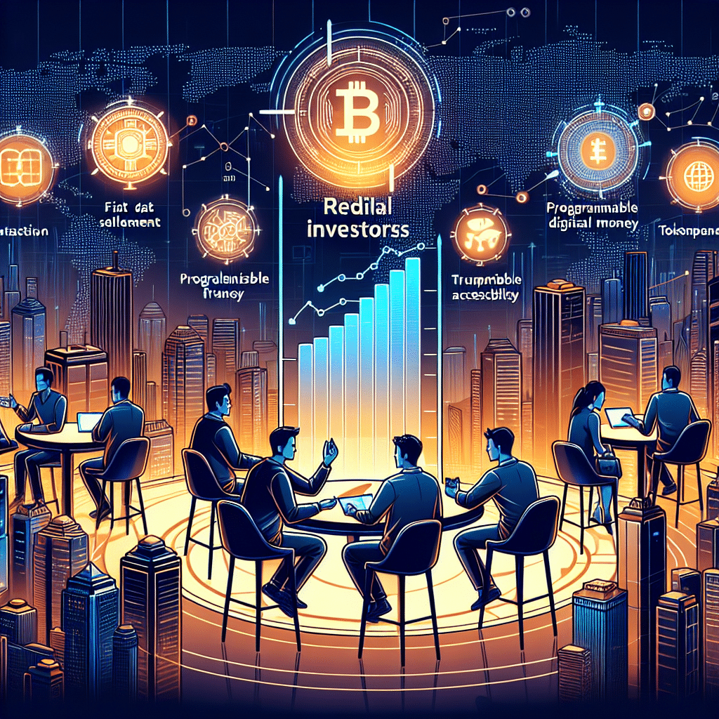 "Retail investors interacting with tokenized funds on a digital platform seen in vibrant orange, dark and midnight blue hues, set against the dynamic Hong Kong and Chinese mainland backdrop. Image highlights digital tokens, programmable digital money, various types of digital currencies, and a rising graph symbolizing global tokenization interest, denoting fast settlement, 24/7 access, and financial transparency."