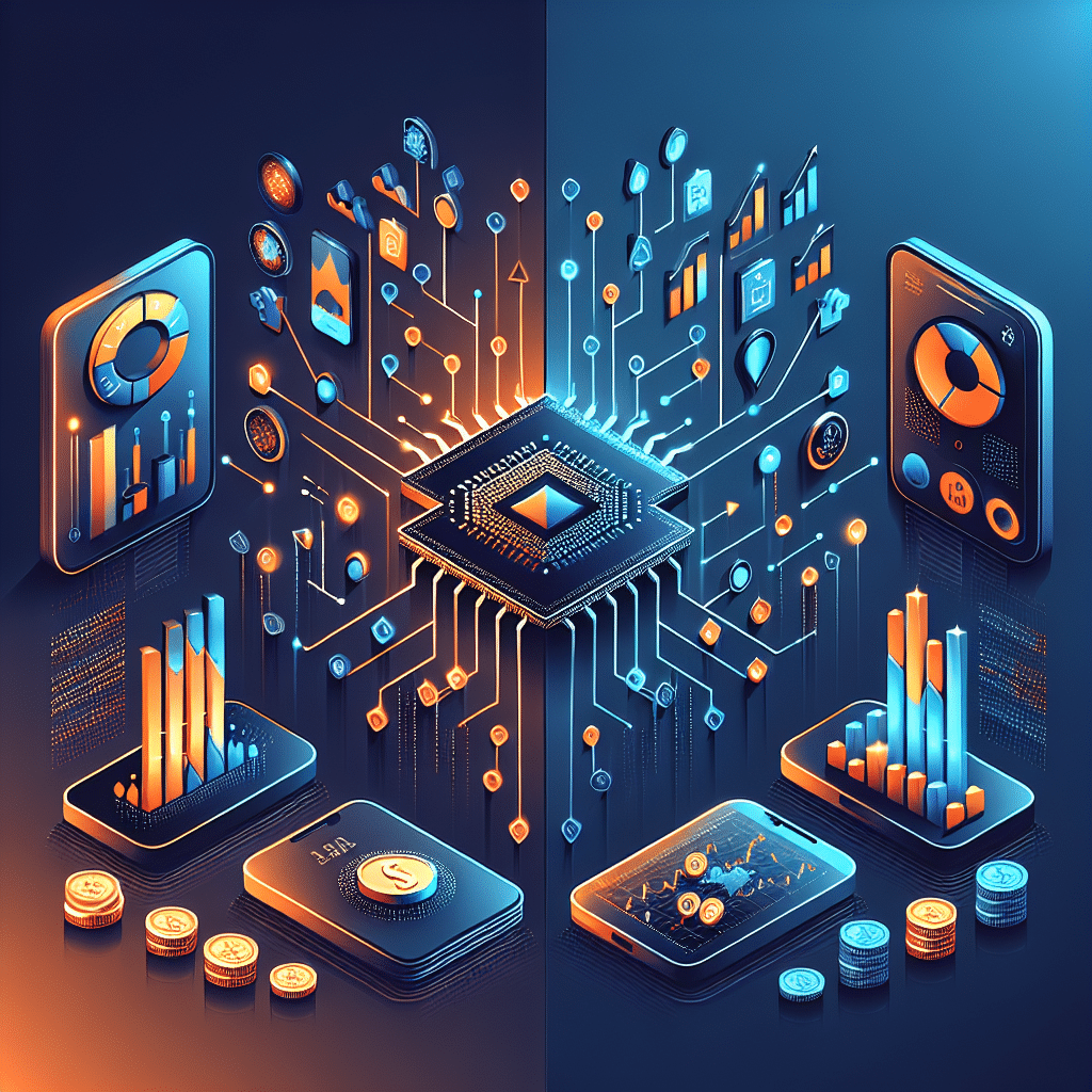 **SEO Alt-Text:** Modern financial dashboard illustration featuring stylized icons for Nvidia (AI chip), Palantir (data analytics with network nodes), Robinhood (mobile investing with stock chart), and Circle (digital coins, blockchain), arranged with dynamic arrows and shifting balances, set against bold gradient background in orange, dark blue, and midnight blue brand colors; theme evokes innovation and sophisticated tech-driven investment strategies, optimized for financial blog hero image at 1200 x 628 pixels.
