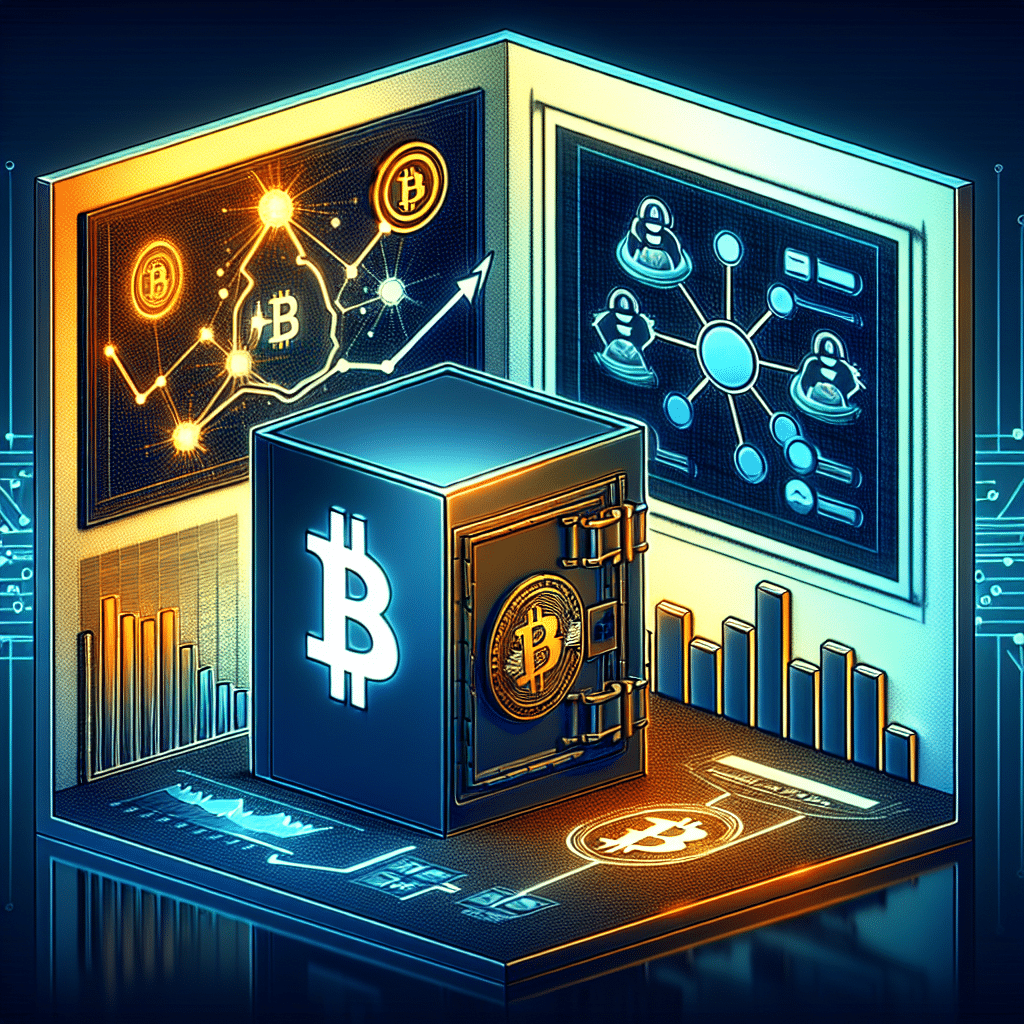 "Highly secure digital vault featuring Lombard logo symbolising Bitcoin custody, adjacent to an interconnected network map illustrating DeFi protocol in Dark Blue and Midnight Blue. An upward trending Orange graph signifies Lombard's value augmentation. A crisp, simplistic smart contract icon featuring a BTC.b symbol seamlessly connects the vault and the DeFi network, embodying the integration of DeFi and Bitcoin custody."