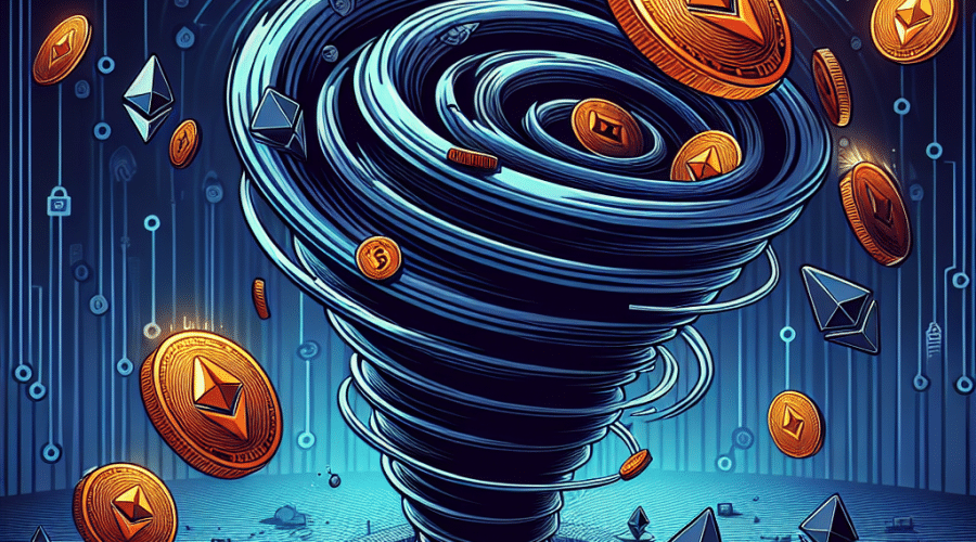 **SEO Alt-Text:** Digital illustration depicting a major cryptocurrency hack and money laundering, with symbolic Ethereum coins in motion funneling from a shadowy digital wallet into a swirling Tornado Cash vortex. Fragmented coins and dissolving blockchain lines convey urgency and secrecy, enhanced by shadowy hacker motifs and an opaque network node backdrop. The artwork prominently features brand colors Orange #FF9811, Dark Blue #000D43, and Midnight Blue #021B88 in modern gradients and accents, creating a professional fintech and cybersecurity blog graphic aesthetic.