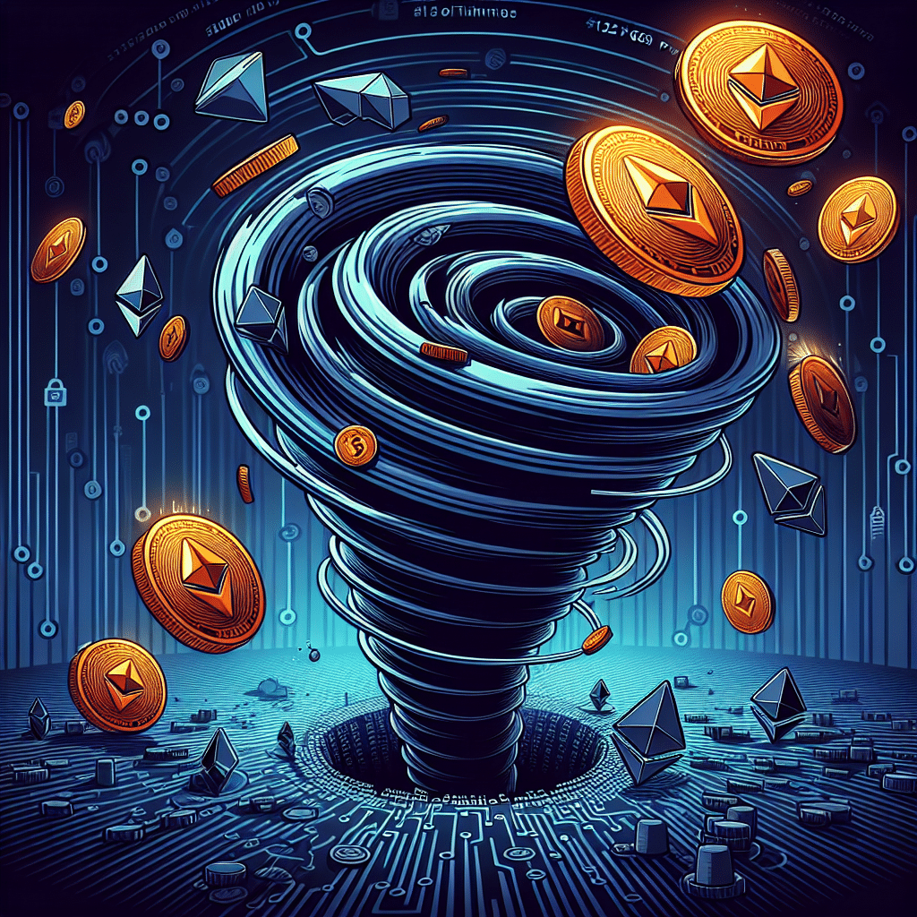 **SEO Alt-Text:** Digital illustration depicting a major cryptocurrency hack and money laundering, with symbolic Ethereum coins in motion funneling from a shadowy digital wallet into a swirling Tornado Cash vortex. Fragmented coins and dissolving blockchain lines convey urgency and secrecy, enhanced by shadowy hacker motifs and an opaque network node backdrop. The artwork prominently features brand colors Orange #FF9811, Dark Blue #000D43, and Midnight Blue #021B88 in modern gradients and accents, creating a professional fintech and cybersecurity blog graphic aesthetic.
