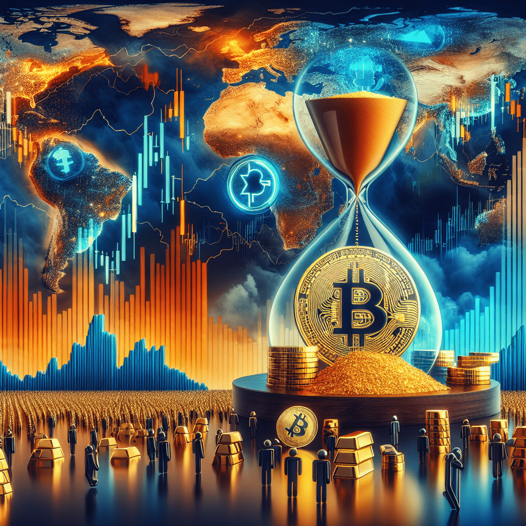 **SEO Alt-Text:** Visually striking global financial uncertainty illustration for WordPress blog header, featuring iconic symbols of market volatility—gold bars, Bitcoin coin, falling stock and commodity charts—set against a stormy world map. Image highlights tightening liquidity with an hourglass of diminishing coins and contrasts retail FOMO (crowd of small investors) versus smart money exit (few large investors leaving). Dominant brand colors: vibrant #FF9811 orange, deep #000D43 dark blue, and #021B88 midnight blue. Modern, sleek style, sized 1200x628 pixels.