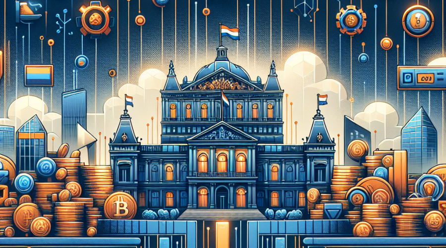 **SEO Alt-Text:** Modern professional blog header image illustrating the introduction of a 36% capital gains tax on crypto and investments in the Netherlands, featuring a stylized Dutch parliament building and national motifs. The design includes financial icons like stacks of coins, Bitcoin symbol, and digital graphs, with hints of AI technology shown through circuit patterns and a glowing AI chip, representing the rise of AI-powered crypto tools like DeepSnitch AI. Dominant brand colors used: Orange (#FF9811), Dark Blue (#000D43), and Midnight Blue (#021B88) for a cohesive and authoritative appearance.