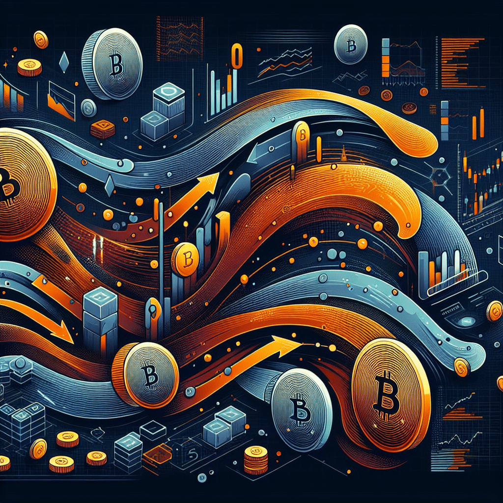 Certainly! Here’s an optimized SEO alt-text for your described image: **SEO Alt-Text:** Modern digital illustration featuring stylized orange, dark blue, and midnight blue memecoin tokens flowing from a prominent digital vault labeled with cryptic blockchain text; dynamic waves and ripples impact diverse investors and smaller coins across a connected network. The image includes blockchain analytics symbols, data grids, charts, and candlestick graphs, visually representing the transparent impact of a major token sale on the memecoin ecosystem with professional, tech-inspired design.