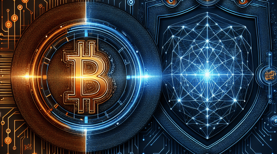 Great! Here’s a highly SEO-optimized alt-text for your described image: **SEO Alt-Text:** "Sleek futuristic blog cover in 1200x628 pixels with glowing Bitcoin symbol protected by digital circuit shields, surrounded by brand colors (#FF9811 orange, #000D43 dark blue, #021B88 midnight blue). Left side features abstract quantum computing graphics with entangled particles and waveform elements, while right side shows advanced AI surveillance with data streams, neural network lines, and stylized robotic eyes. Modern, high-contrast crypto security concept highlighting innovation, vigilance, and technology." Let me know if you want a shorter version or tailored for a specific page/post!