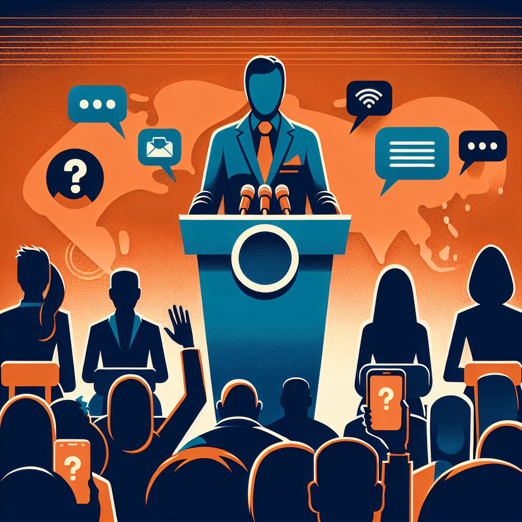 **SEO-Friendly Alt Text:** Modern professional illustration of Reserve Bank of New Zealand Governor Paul Breman addressing a press conference, emphasizing transparency and open communication. Scene shows Breman at a podium with a stylized New Zealand map, surrounded by journalists and live media, with digital communication icons and speech bubbles symbolizing public dialogue. Polished, trustworthy design in Reserve Bank brand colors orange (#FF9811), dark blue (#000D43), and midnight blue (#021B88), optimized for blog header at 1200x628 pixels.