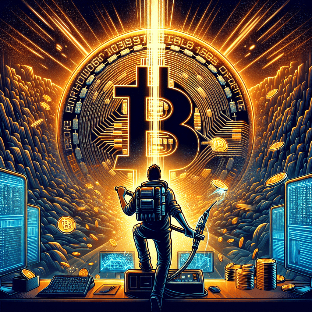 **SEO-focused Alt Text:** Digital illustration of a solo Bitcoin miner achieving rare success by mining block 936100; shows a determined individual using mining equipment at a computer, illuminated by a glowing Bitcoin symbol emerging from digital blockchain blocks. The dynamic scene features hashpower beams, digital energy surges, gleaming coins, rising reward chart, and digital numbers, all styled with vibrant gradients and brand colors Orange #FF9811, Dark Blue #000D43, and Midnight Blue #021B88, creating a modern, bold, finance blog look.