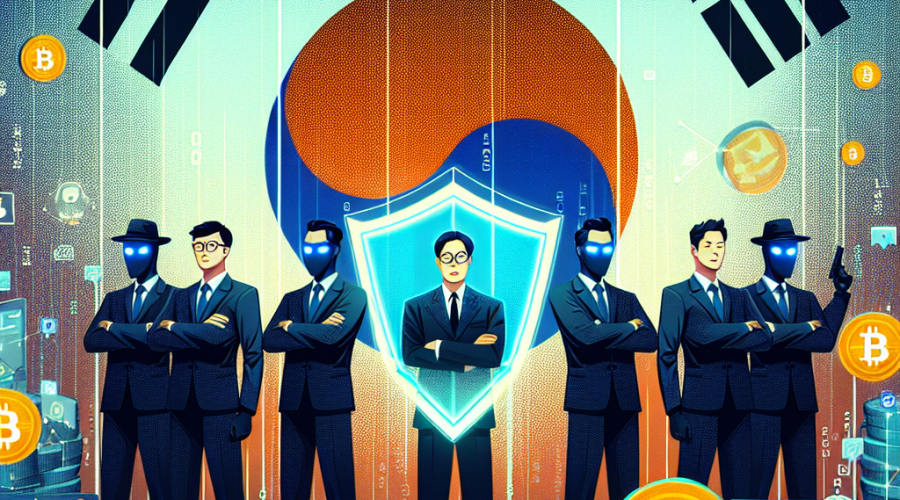 **SEO Alt-Text:** Illustration depicting South Korean law enforcement confidently blocking crypto scammers with a digital shield featuring blockchain symbols, as shadowy hacker figures and streams of stolen cryptocurrency are intercepted; elements of transparency, regulation documents, checkmarks, and digital forensics with a magnifying glass highlight anti-fraud efforts. The Korean flag appears subtly in the backdrop, all rendered in fintech brand colors—Orange #FF9811 accents, dominant Dark Blue #000D43, and Midnight Blue #021B88—for a modern, professional look consistent with trusted fintech blogs, sized 1200x628 pixels.