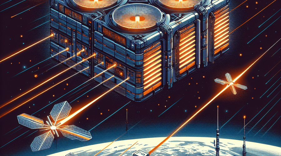SEO alt-text: Futuristic modular data center orbiting Earth with radiant cooling panels and laser communication beams connecting to ground stations, set against a deep space background. Illustration features tech-inspired orange, dark blue, and midnight blue accents, highlighting digital connectivity, advanced technology, and space innovation. Editorial, professional style sized at 1200 x 628 pixels.