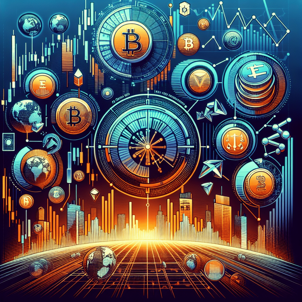 **SEO Alt-Text:** Modern digital illustration symbolizing the fusion of traditional US stock markets with cryptocurrency trading, featuring dynamic candlestick charts blending into blockchain network graphics, floating USDT coins, and stylized Tesla and Apple logos. The artwork uses a sleek fintech color palette of orange (#FF9811), dark blue (#000D43), and midnight blue (#021B88), emphasizing 24/7 global access and trading leverage, perfect for a fintech innovation blog.