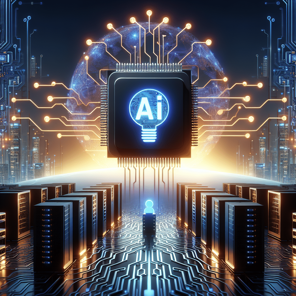 **SEO Alt-Text:** Futuristic illustration featuring the TSMC logo at the center, radiating glowing circuit patterns and computer chip symbols, set in a modern AI data center scene with subtle silhouettes of servers, microchips, and global infrastructure. The image uses vibrant orange, dark blue, and midnight blue colors to highlight TSMC’s leadership and dominance in AI and the global semiconductor industry, representing digital transformation and technological innovation.