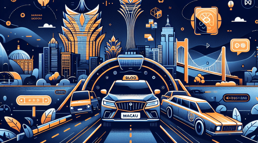 **SEO Alt-Text:** Illustration of Uber's Macau relaunch featuring a vibrant Macau cityscape with iconic landmarks, dazzling casino silhouettes, and famous skyline, highlighted by stylized Uber rideshare car and luxurious limousine crossing the Hong Kong–Macau bridge. The image includes digital app motifs, hints of autonomous vehicles, and emphasizes innovation, connectivity, and mobility in Uber’s Asia expansion. Artwork uses a dynamic vector style with brand-consistent colors: Orange #FF9811, Dark Blue #000D43, and Midnight Blue #021B88. Sized 1200x628 pixels for blog use.
