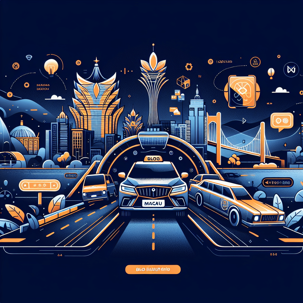 **SEO Alt-Text:** Illustration of Uber's Macau relaunch featuring a vibrant Macau cityscape with iconic landmarks, dazzling casino silhouettes, and famous skyline, highlighted by stylized Uber rideshare car and luxurious limousine crossing the Hong Kong–Macau bridge. The image includes digital app motifs, hints of autonomous vehicles, and emphasizes innovation, connectivity, and mobility in Uber’s Asia expansion. Artwork uses a dynamic vector style with brand-consistent colors: Orange #FF9811, Dark Blue #000D43, and Midnight Blue #021B88. Sized 1200x628 pixels for blog use.