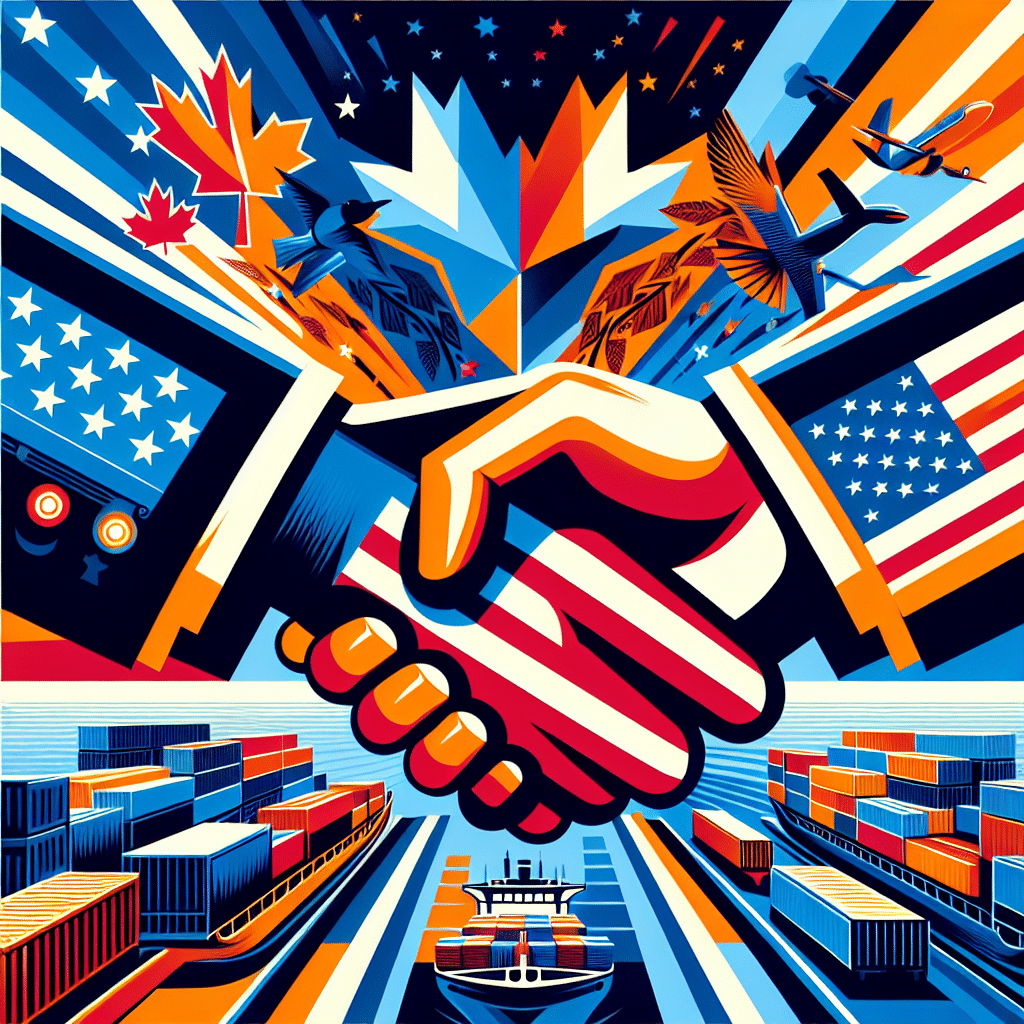 **SEO Alt-Text:** Modern professional illustration of US and Canada linked by dynamic trade routes in orange (#FF9811), dark blue (#000D43), and midnight blue (#021B88), featuring shipping containers, steel and aluminum symbols, and a handshake representing cross-border cooperation. Optimistic scene highlights barriers and tariffs being removed, reflecting renewed partnership and positive change in US-Canada trade relations. 1200x628 pixel branded artwork.