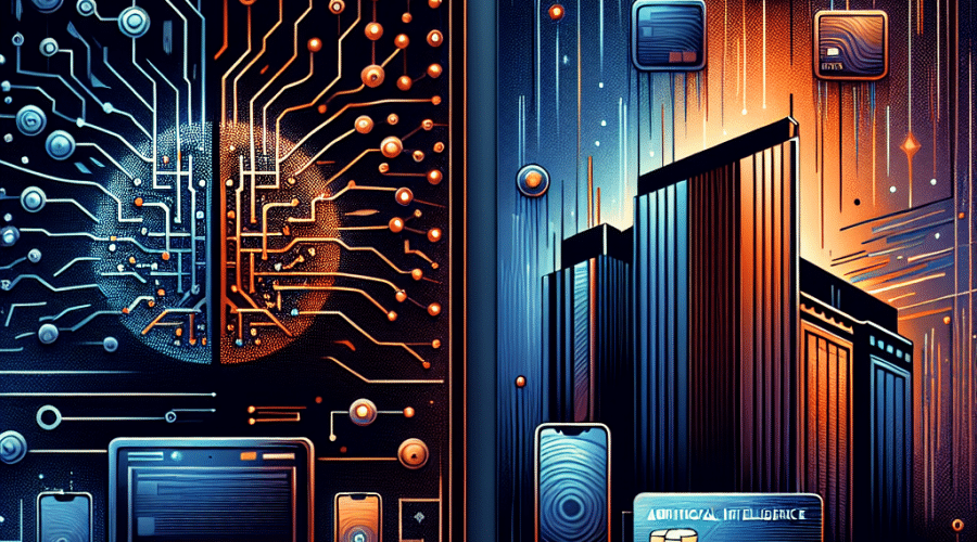 **SEO Alt-text Example:** Split-panel digital illustration (1200 x 628 pixels) featuring Deepsnitch AI with glowing neural network graphics in orange, dark blue, and midnight blue on the left, and Digitap fintech usability with a smartphone, Visa card, and digital currency icons on the right—both under a US Treasury building silhouette with a bold “NO BAILOUTS” banner, highlighting modern AI and fintech technology against a contemporary, brand-colored background.