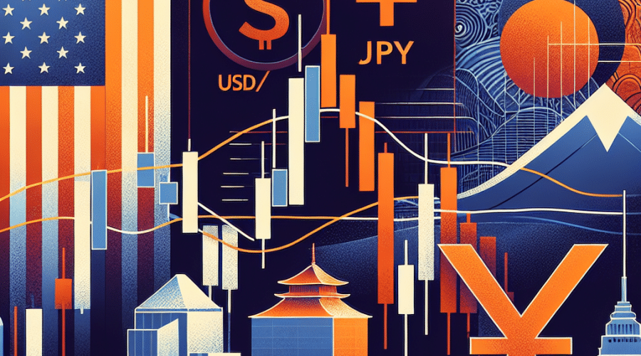 **SEO-optimized alt-text:** Illustrated financial market scene of the USD/JPY forex pair at the key 153.00 resistance level, showing candlestick patterns near a bold horizontal line on a digital chart. The image features US financial symbols in vibrant orange accents pushing upward, contrasted by Japanese motifs with navy and midnight blue tones pushing down, set against a background with global market cues and news headlines, capturing suspense and anticipation—designed in a modern, clean style for a 1200 x 628 WordPress blog featured image.