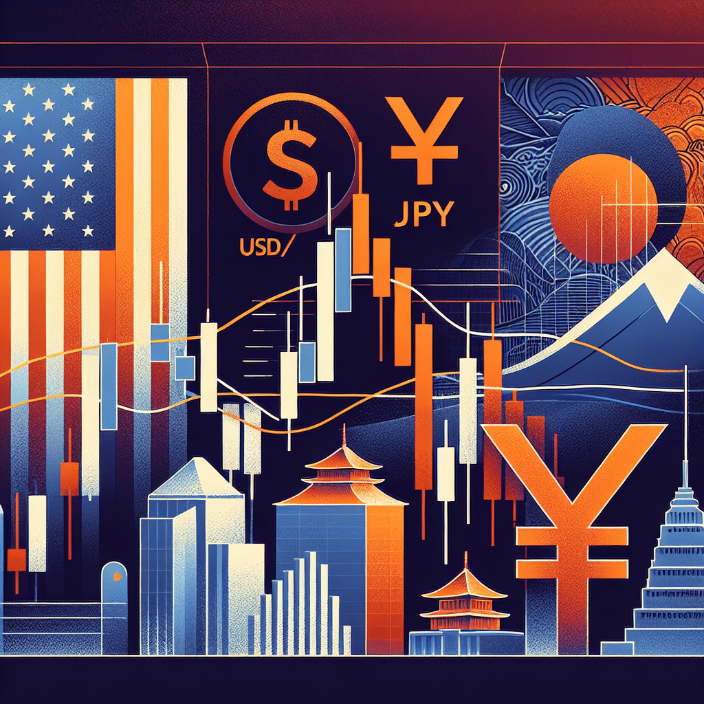 **SEO-optimized alt-text:** Illustrated financial market scene of the USD/JPY forex pair at the key 153.00 resistance level, showing candlestick patterns near a bold horizontal line on a digital chart. The image features US financial symbols in vibrant orange accents pushing upward, contrasted by Japanese motifs with navy and midnight blue tones pushing down, set against a background with global market cues and news headlines, capturing suspense and anticipation—designed in a modern, clean style for a 1200 x 628 WordPress blog featured image.