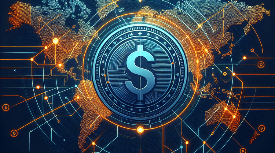 **SEO Alt-Text:** Digital illustration of a global financial network powered by stablecoin technology, featuring interconnected lines and nodes across a world map, centered on a prominent USD1 coin. The design uses vibrant orange, dark blue, and midnight blue brand colors, symbolizing secure and fast cross-border money transfers, styled for a fintech blog with a modern, trustworthy digital aesthetic.