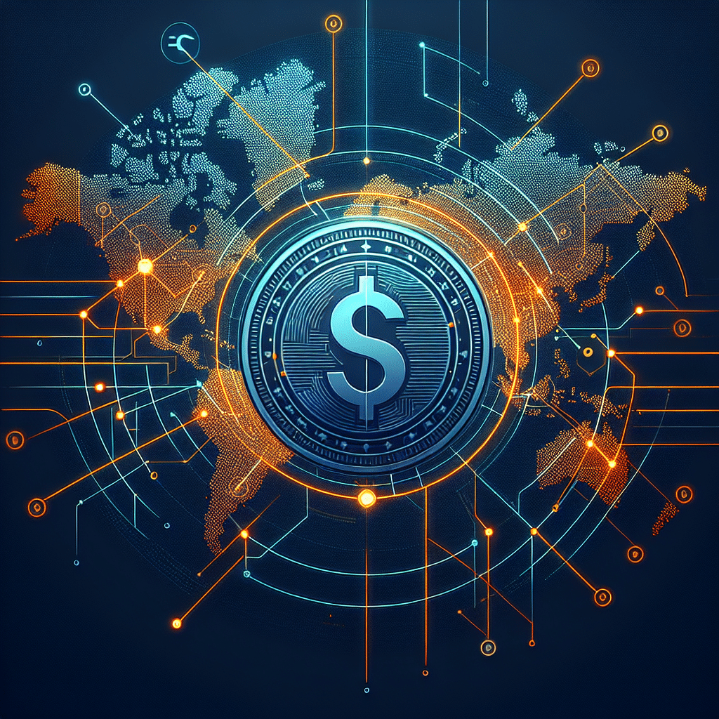 **SEO Alt-Text:** Digital illustration of a global financial network powered by stablecoin technology, featuring interconnected lines and nodes across a world map, centered on a prominent USD1 coin. The design uses vibrant orange, dark blue, and midnight blue brand colors, symbolizing secure and fast cross-border money transfers, styled for a fintech blog with a modern, trustworthy digital aesthetic.