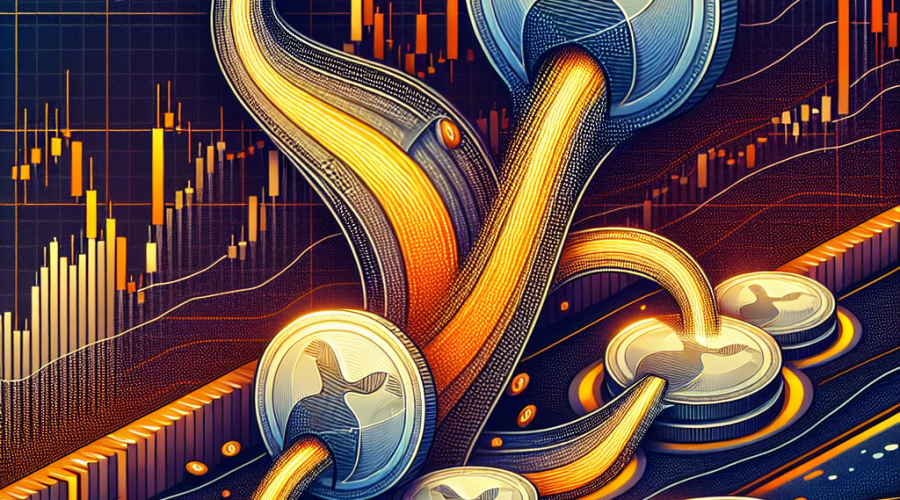 **SEO Alt-text:** Digital illustration for a crypto finance blog depicting XRP token flows between whale wallets and the Binance exchange, featuring bold whale-icon wallets sending silver XRP coins toward the Binance logo, with candlestick price charts and Fibonacci retracement levels in the background; outflows of coins shown on the left, larger inflows on the right, all in a vibrant palette of #FF9811 orange, #000D43 dark blue, and #021B88 midnight blue for a modern fintech aesthetic, emphasizing XRP market volume and strategic movement.