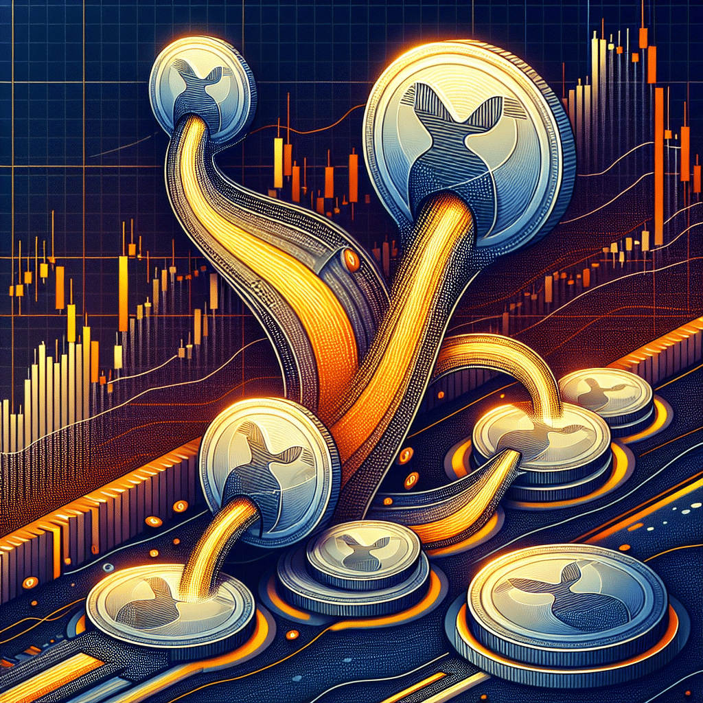 **SEO Alt-text:** Digital illustration for a crypto finance blog depicting XRP token flows between whale wallets and the Binance exchange, featuring bold whale-icon wallets sending silver XRP coins toward the Binance logo, with candlestick price charts and Fibonacci retracement levels in the background; outflows of coins shown on the left, larger inflows on the right, all in a vibrant palette of #FF9811 orange, #000D43 dark blue, and #021B88 midnight blue for a modern fintech aesthetic, emphasizing XRP market volume and strategic movement.