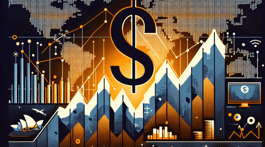 **SEO Alt-Text:** Modern professional banner illustrating the resilience of the Australian Dollar (AUD) during Middle East conflict, featuring a strong upward-trending graph with an AUD symbol overlay, surrounded by icons of Australia’s key exports—iron ore, LNG natural gas, agriculture (wheat, beef), and gold. The design uses brand colors orange (#FF9811), dark blue (#000D43), and midnight blue (#021B88), with a stable, visually distinct Australia set against a background of world maps and fragmented financial news, visually representing global turmoil versus Australia’s economic stability. Optimized for 1200x628 pixels.