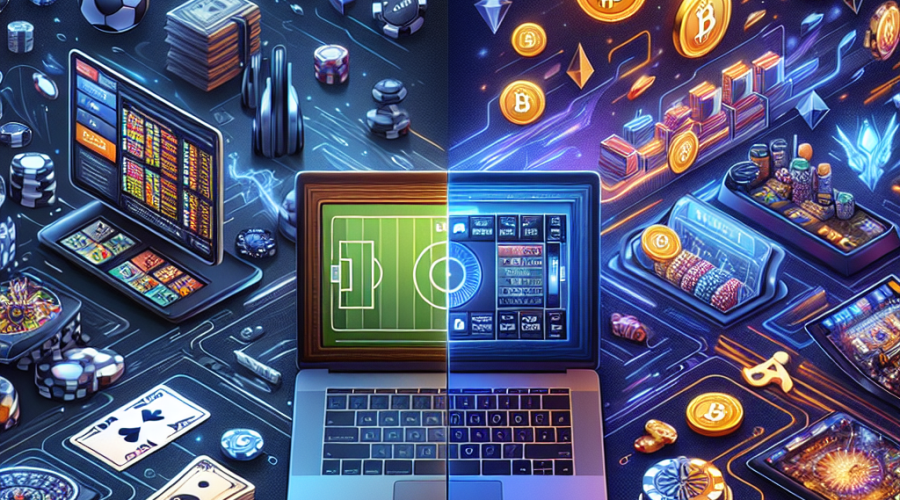 SEO Alt-Text: "Digital illustration comparing Bet365 and ZunaBet online gambling platforms: Left side shows a laptop with traditional sportsbook and classic casino symbols in Bet365's professional style; right side displays a futuristic ZunaBet interface with vibrant casino games, esports, a gamified loyalty progress bar, blockchain connectivity, and flowing Bitcoin (BTC) and Ethereum (ETH) cryptocurrency icons. The image is split diagonally with brand colors #FF9811 (orange), #000D43 (dark blue), and #021B88 (midnight blue), highlighting the evolution from classic sports betting to modern, crypto-powered online casinos."