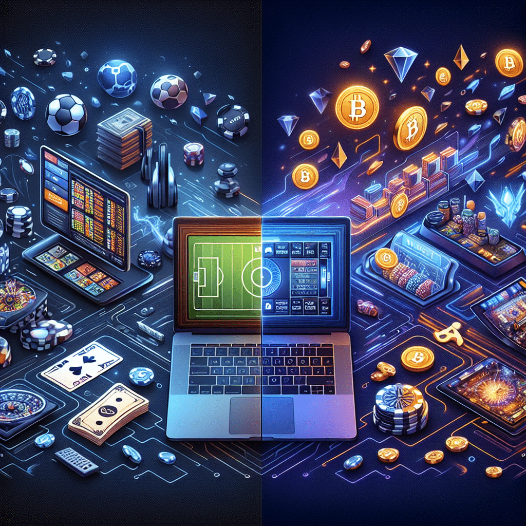 SEO Alt-Text: "Digital illustration comparing Bet365 and ZunaBet online gambling platforms: Left side shows a laptop with traditional sportsbook and classic casino symbols in Bet365's professional style; right side displays a futuristic ZunaBet interface with vibrant casino games, esports, a gamified loyalty progress bar, blockchain connectivity, and flowing Bitcoin (BTC) and Ethereum (ETH) cryptocurrency icons. The image is split diagonally with brand colors #FF9811 (orange), #000D43 (dark blue), and #021B88 (midnight blue), highlighting the evolution from classic sports betting to modern, crypto-powered online casinos."