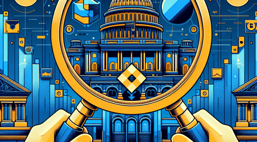 **SEO Alt-Text for Your Image:** Illustration of the Binance logo under a magnifying glass in front of the US Capitol, combined with digital blockchain graphics; bold orange, dark blue, and midnight blue color scheme symbolizes US government oversight, legal scrutiny, and regulatory tension in the cryptocurrency industry.