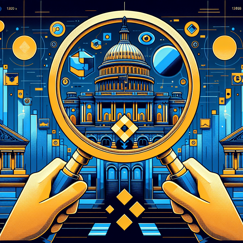 **SEO Alt-Text for Your Image:** Illustration of the Binance logo under a magnifying glass in front of the US Capitol, combined with digital blockchain graphics; bold orange, dark blue, and midnight blue color scheme symbolizes US government oversight, legal scrutiny, and regulatory tension in the cryptocurrency industry.