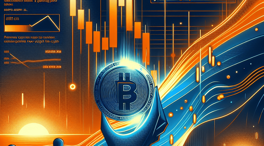 **SEO Alt-Text for Your Image:** Illustration of Bitcoin rally on candlestick chart with upward surge, global headlines about US-Iran de-escalation, bold orange, dark blue, and midnight blue abstract waves, and a futuristic "Pepeto" crypto coin emerging with flashing effects; digital trading and security icons represent innovation, growth, and market optimism in modern cryptocurrency market scene.