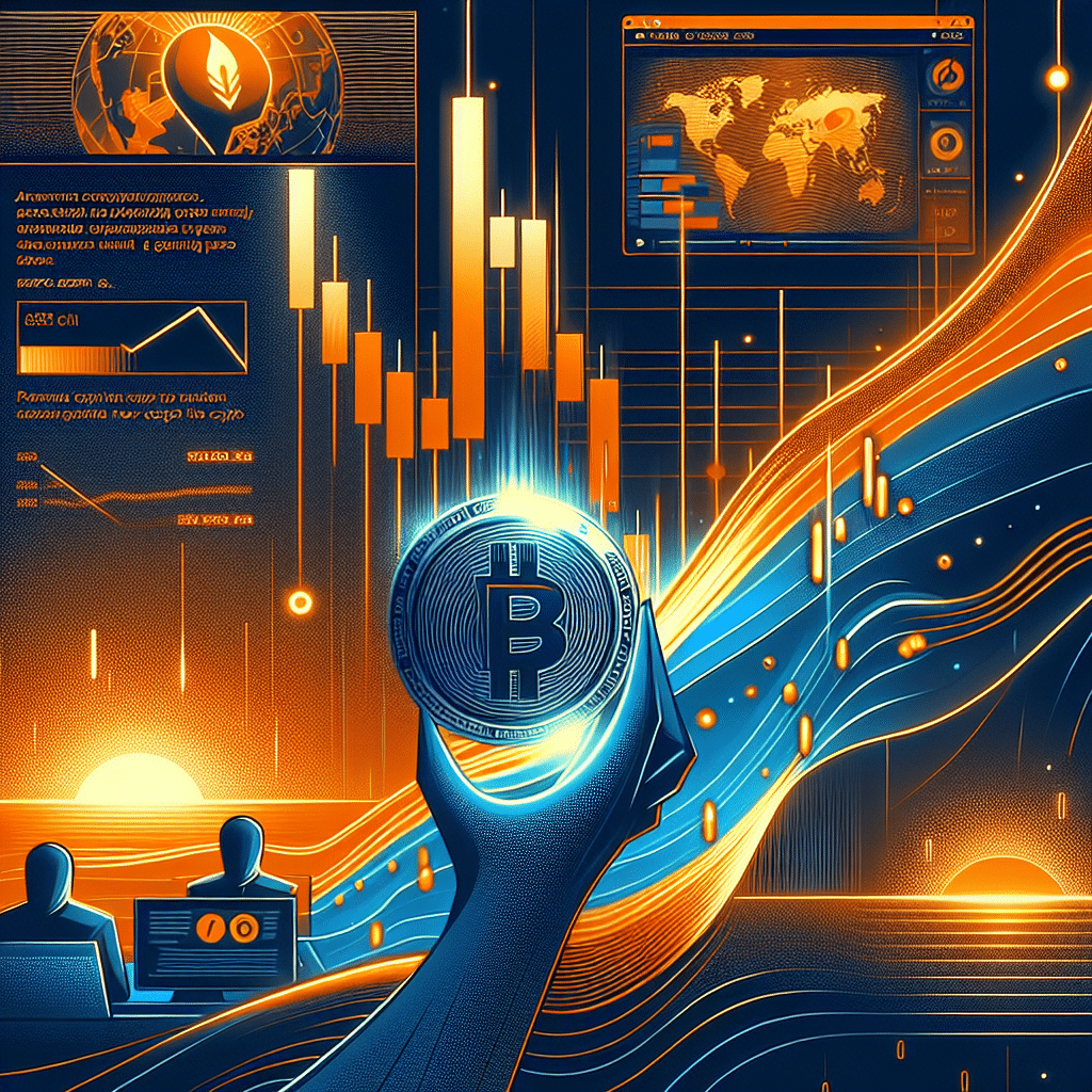 **SEO Alt-Text for Your Image:** Illustration of Bitcoin rally on candlestick chart with upward surge, global headlines about US-Iran de-escalation, bold orange, dark blue, and midnight blue abstract waves, and a futuristic "Pepeto" crypto coin emerging with flashing effects; digital trading and security icons represent innovation, growth, and market optimism in modern cryptocurrency market scene.