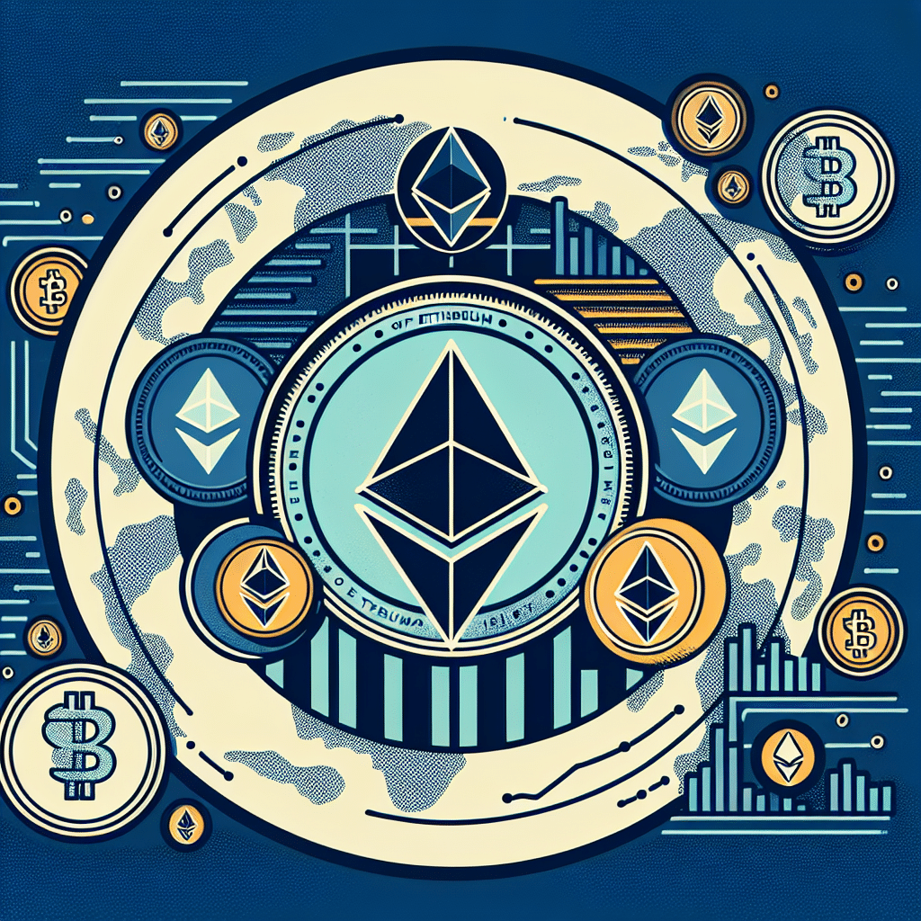 "Bitmine logo in Military Blue with Ethereum coins and a bar graph showing ETH value rise, incorporated in a global US-Iran conflict map backdrop, subtly embellished with brand Orange signifying growth and wealth, perfectly scaled for a 1200x628 WordPress blog post."