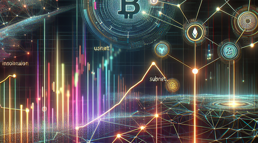 "3D representation of artificial intelligence networks featuring Bittensor's subnet with integrated TAO tokens, overlaid with an upward trending graph indicating a 90% rally. Bitcoin and TAO tokens emblem silhouette in the foreground, visually emphasizing the theme of decentralization. Exceptional portrayal of a futuristic digital space in brand's colors."