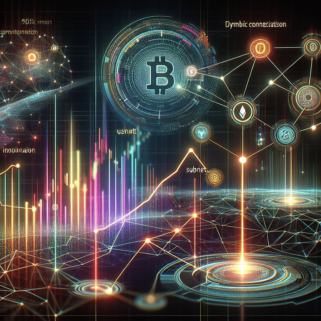 "3D representation of artificial intelligence networks featuring Bittensor's subnet with integrated TAO tokens, overlaid with an upward trending graph indicating a 90% rally. Bitcoin and TAO tokens emblem silhouette in the foreground, visually emphasizing the theme of decentralization. Exceptional portrayal of a futuristic digital space in brand's colors."