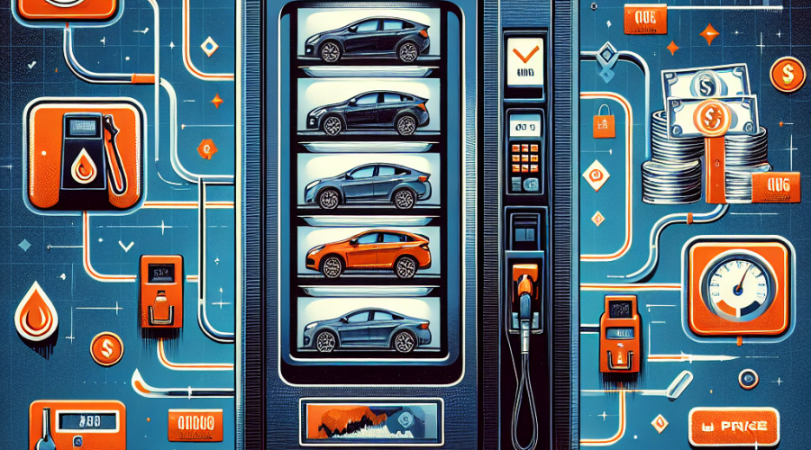 **SEO alt-text:** Digital illustration for a blog on Carvana’s recent challenges, featuring a stylized Carvana car vending machine with a downward-trending stock chart overlay. The modern, tech-themed image is accented with icons for high fuel costs, macroeconomic pressure, and business tension—including a gas pump, rising price tags, economic charts, interest rate arrows, briefcase, and documents—all in Carvana’s brand colors: vibrant orange (#FF9811), dark blue (#000D43), and midnight blue (#021B88), symbolizing the automotive company’s struggles and resilient optimism amid economic uncertainty.