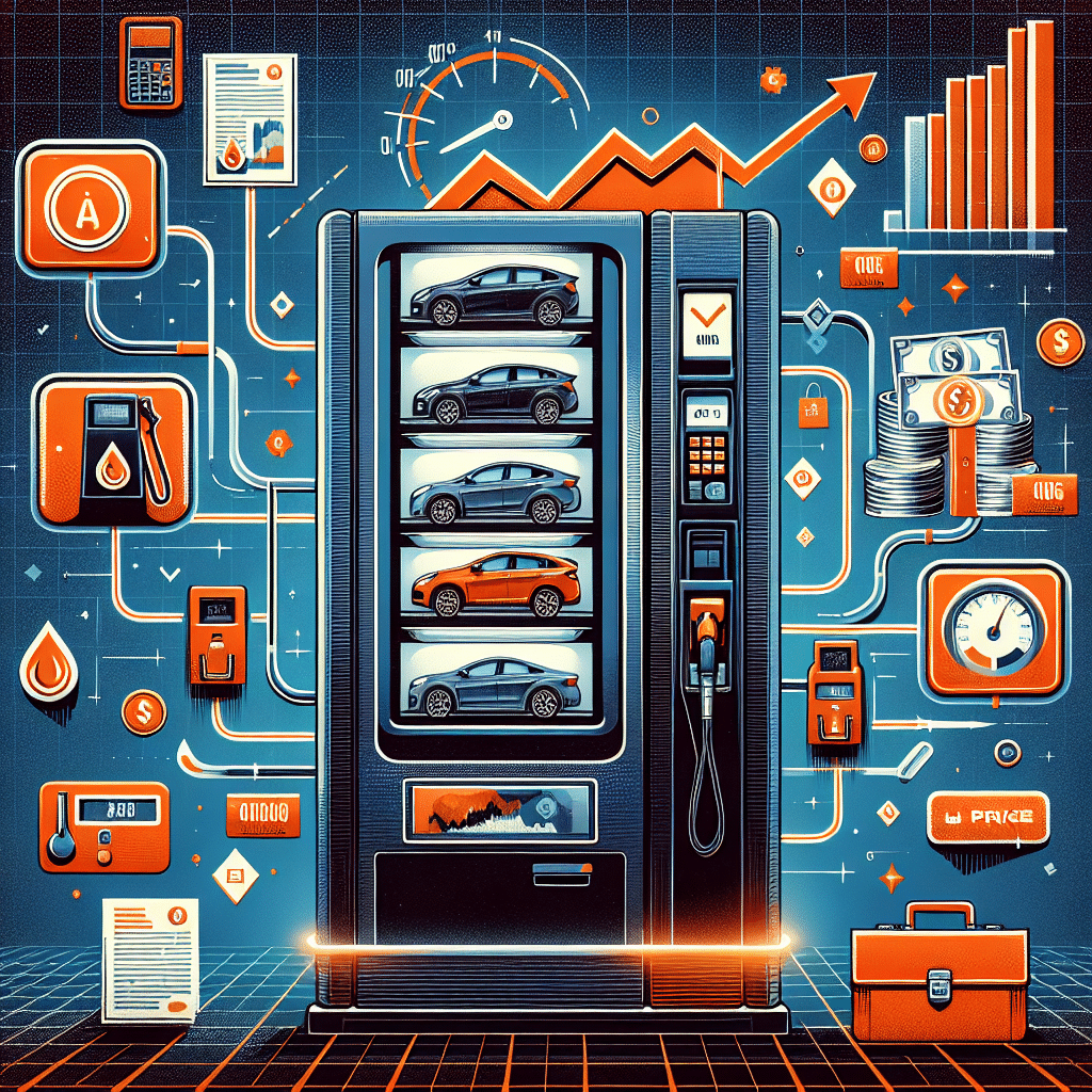 **SEO alt-text:** Digital illustration for a blog on Carvana’s recent challenges, featuring a stylized Carvana car vending machine with a downward-trending stock chart overlay. The modern, tech-themed image is accented with icons for high fuel costs, macroeconomic pressure, and business tension—including a gas pump, rising price tags, economic charts, interest rate arrows, briefcase, and documents—all in Carvana’s brand colors: vibrant orange (#FF9811), dark blue (#000D43), and midnight blue (#021B88), symbolizing the automotive company’s struggles and resilient optimism amid economic uncertainty.