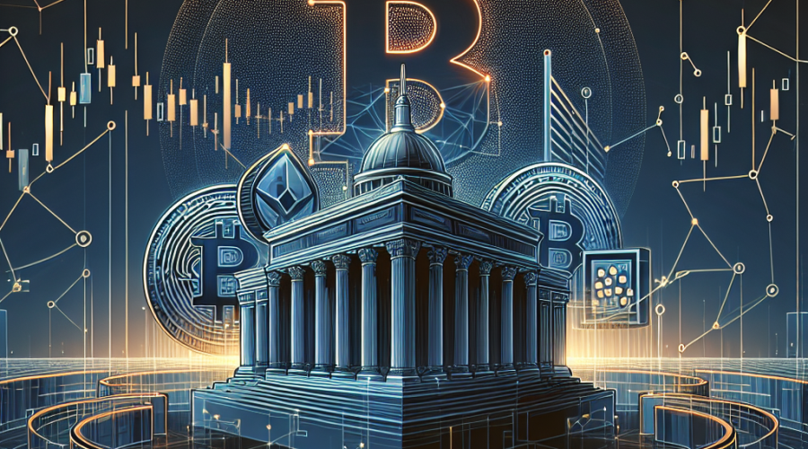 **SEO-focused alt-text:** Modern digital illustration of a cryptocurrency coin merged with financial futures contract elements—stylized candlestick charts and graph lines—set against a professional background featuring an abstract outline of the U.S. Capitol dome, overlaid with network lines. The design uses vibrant orange (#FF9811), dark blue (#000D43), and midnight blue (#021B88) brand colors, symbolizing regulated crypto perpetual futures under U.S. CFTC oversight, transparency, and financial innovation.