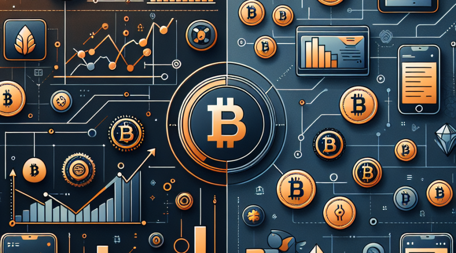 Sure! Here’s a great SEO-optimized alt-text for your image, following best practices for length, clarity, and keyword use: **Alt text:** Modern digital illustration comparing Coinbase and Robinhood apps, diagonally split. Left side features Coinbase interface with orange and dark blue gradients, crypto candlesticks, Bitcoin and Ethereum coins, and financial graphs. Right side shows Robinhood app with midnight blue and orange highlights, diversified portfolio icons for stocks, crypto, cash, subscription, and upward charts. Company logos meet at the split, symbolizing innovation, retail investing, and the evolution of digital finance. Let me know if you want a shorter or more targeted variant!